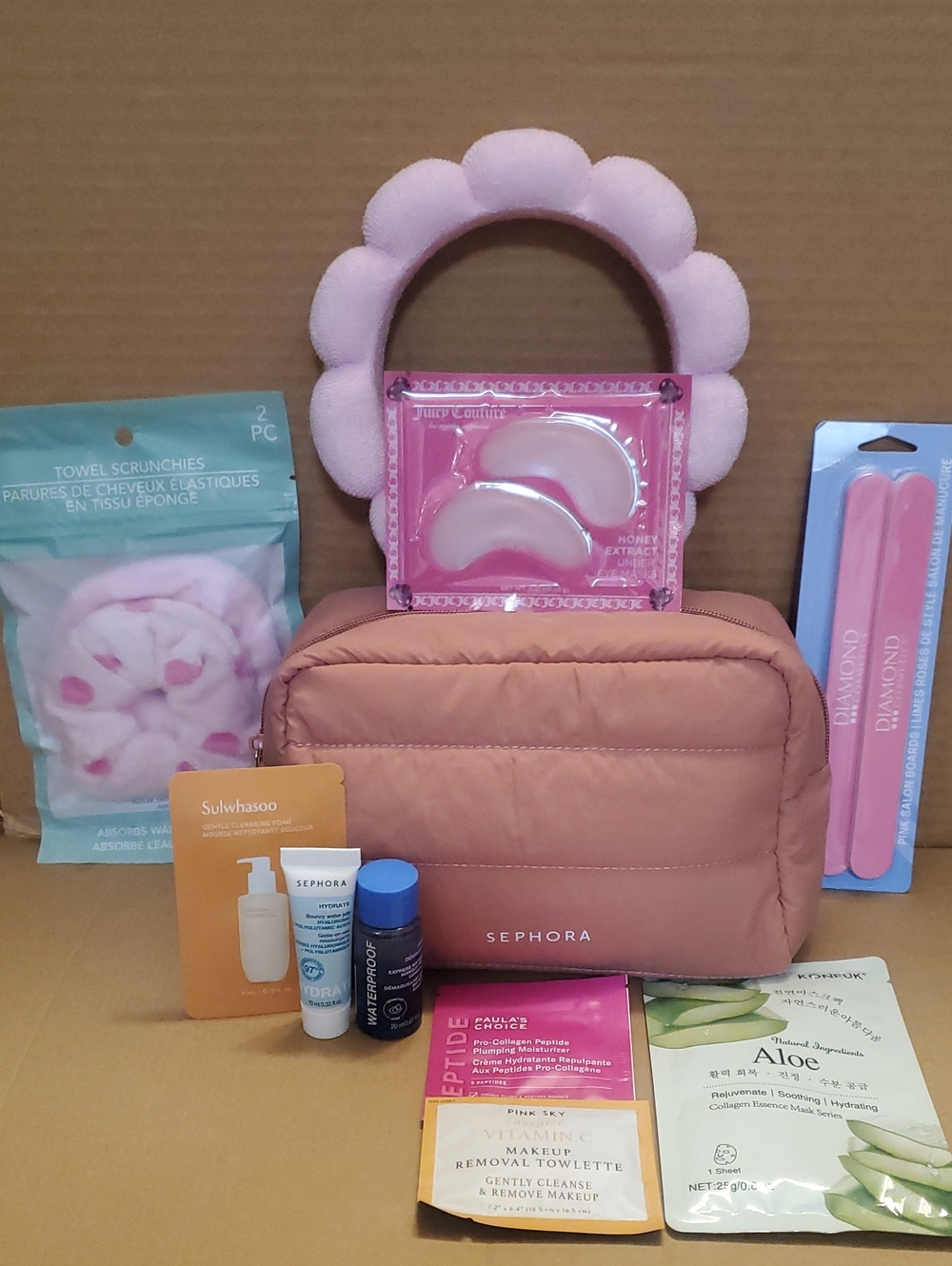 Sephora Peach Quilted Travel Pouch with Pink Bath & Body Accessories 11pcs
